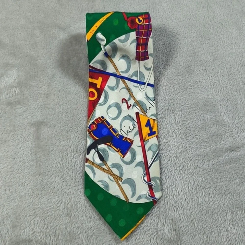 Vintage Golf Tie Mens 3.75x57 Green Silk Hand Sewn Neckwear Novelty 90s Preppy